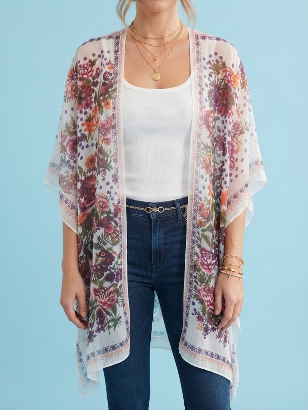 White Long Sheer Floral Open Front Kimono Cardigan